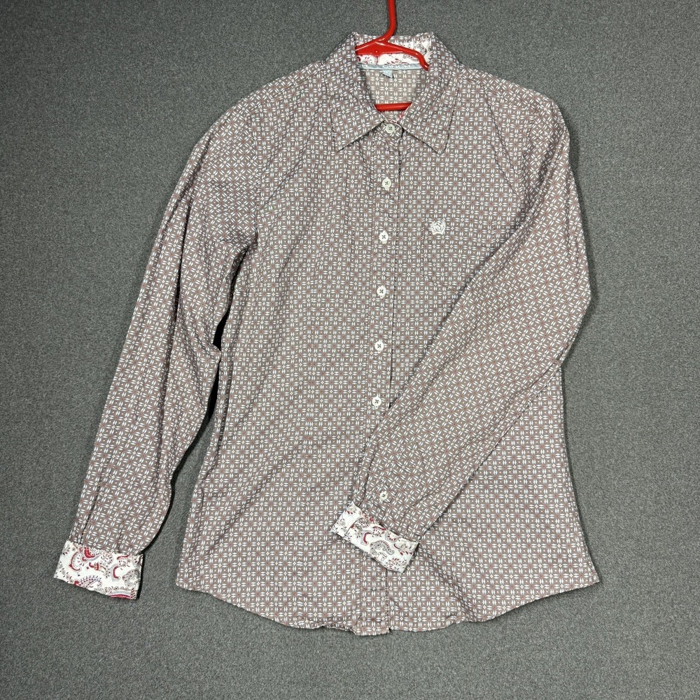 Cinch Button Down Women's Long Sleeve Blue Brown Geo Print Size M Flip Cuff